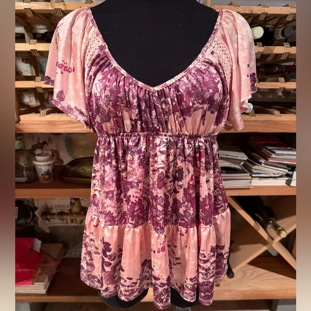 Free People Y2K Dusty Pink and Plum Floral Empire Waist Tunic